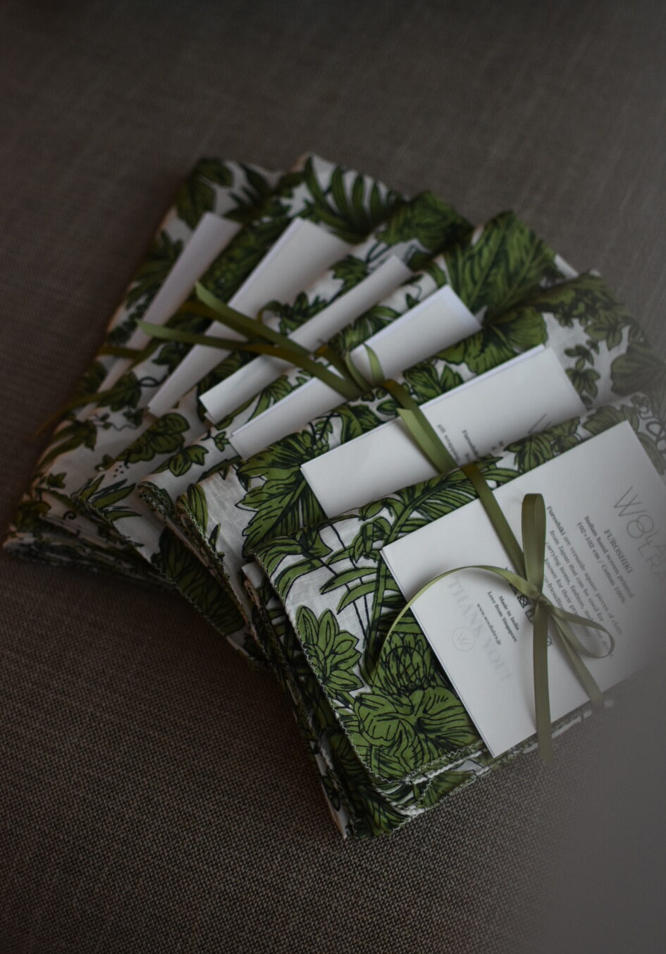 Retail display of botanical handkerchiefs by WOOLLAHRA STUDIO.