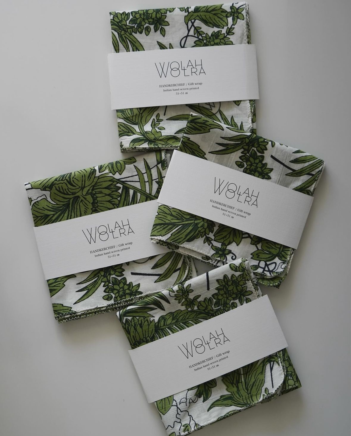 Handkerchiefs inspired by tropical plants by WOOLLAHRA STUDIO.
